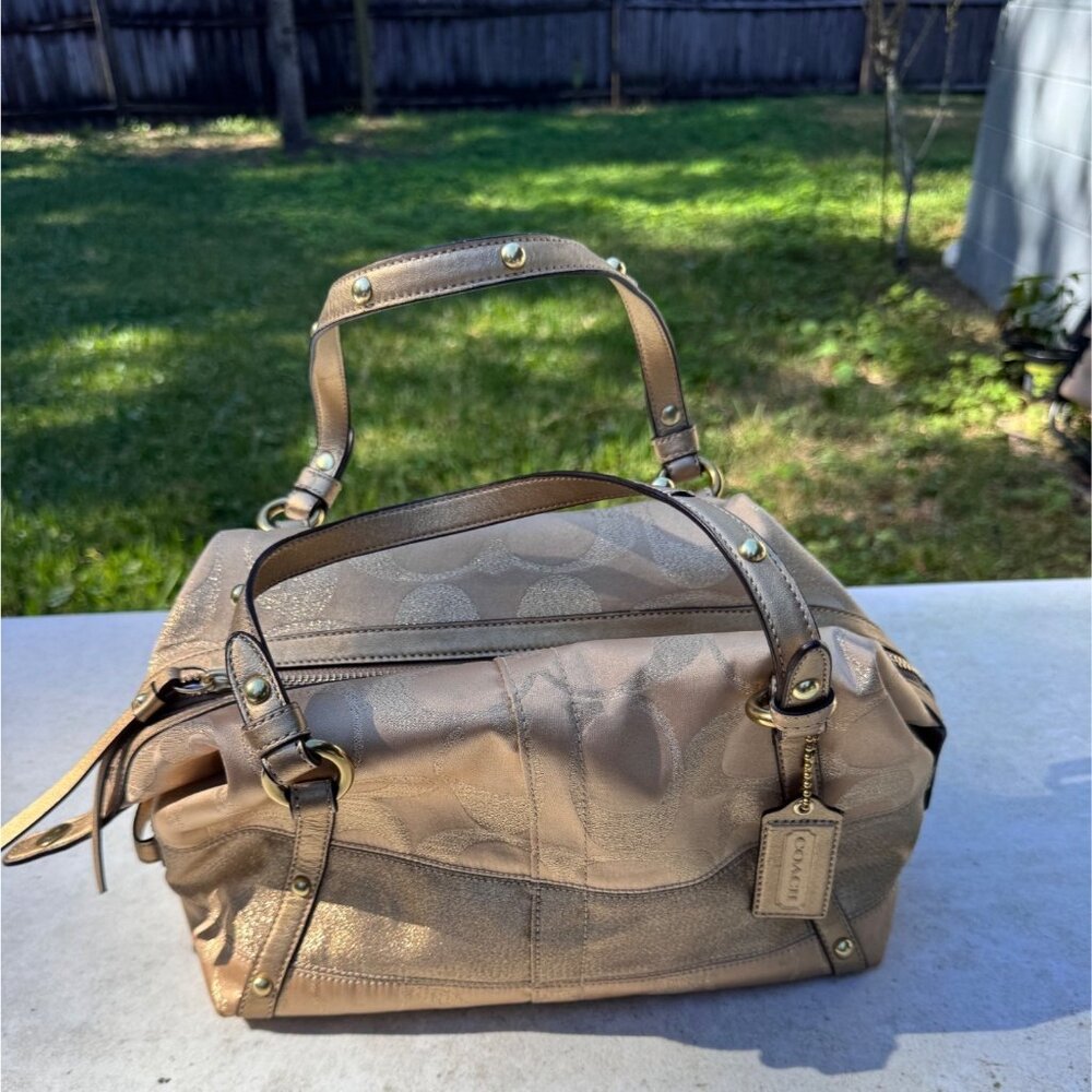 Coach Gold Metallic Signature Jacquard Satchel Bag With Double Handles - Picture 2 of 11